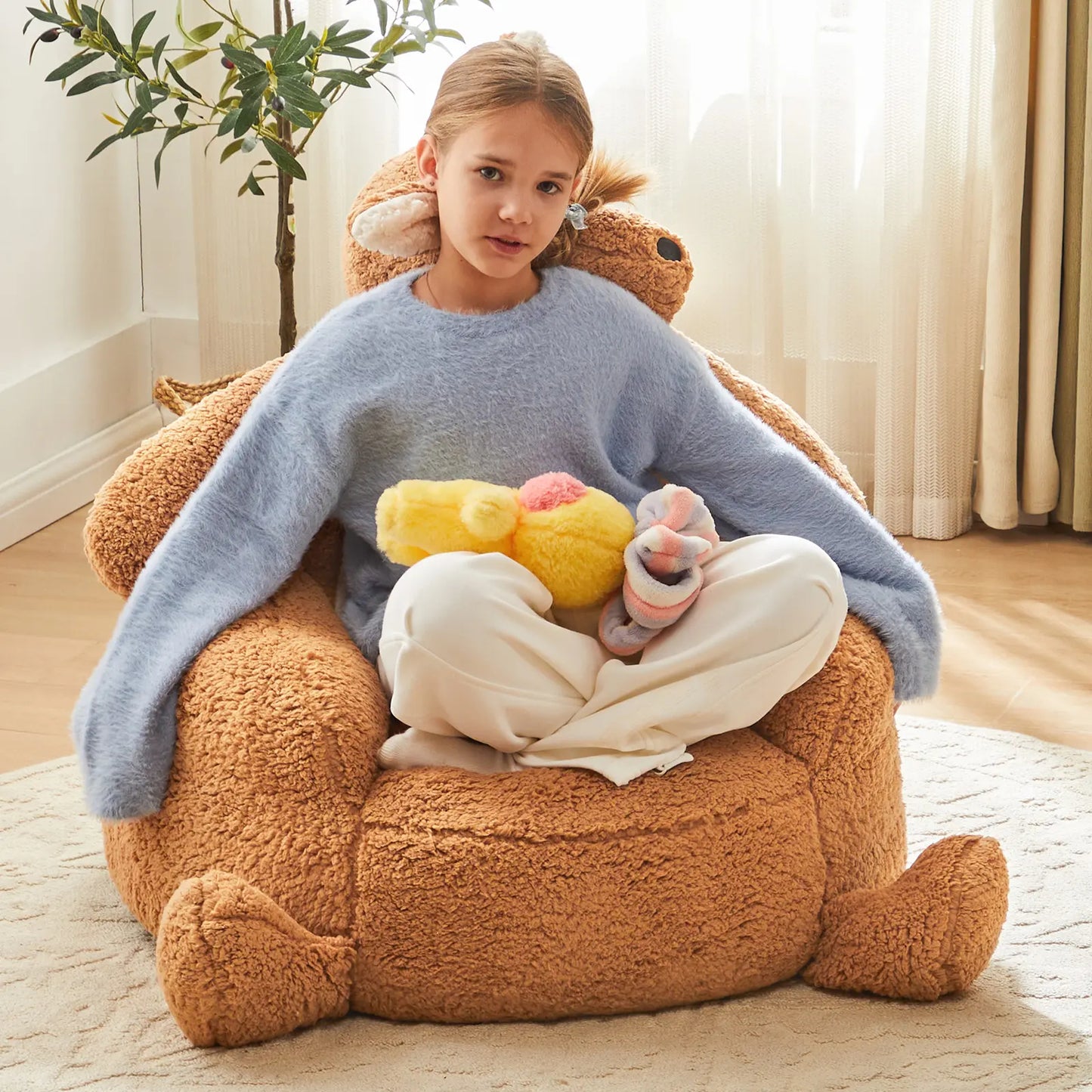 Kids Bean Bag Chair, Stuffed Toddler Couch with Faux Rabbit Fur Cover for Teens & Kids, Comfy Lazy Sofa Chair for Reader, Living Room, Bedroom, Aged 4-12 Years