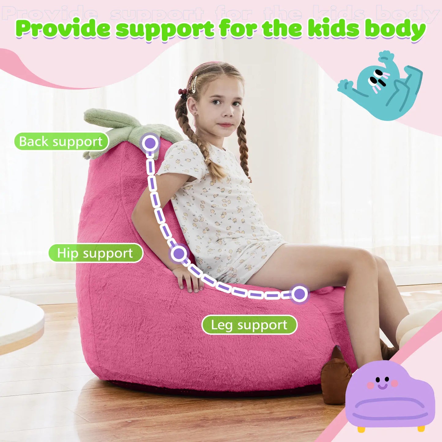 Modern 24-31 Inch High Rebound Memory Foam Bean Bag Chair - Lazy Floor Sofa, Memory Lounge Couch, Modern Sofas, Beige Purple Eggplant Design Padded Furniture for Kids